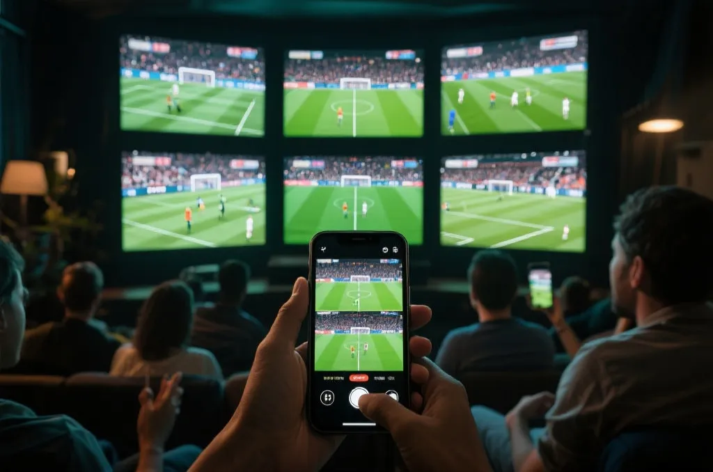 多场世界杯比赛同时进行，球迷在电视和手机间切换关注